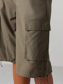 MISSGUIDED Wide Leg Cargo Bermuda Shorts Utility Style Drawstring Hem Mid Rise Summer Casual Bottoms Y2K Fashion Combat Pockets - Army Green - View 4