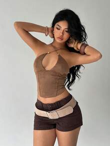 Aloruh Women's Y2K Solid Color Hollow Out Criss-Cross Halter Neck Fitted Sexy Top Fall  Fall  For Women All S Women Fall S For Women Fall S Autumn  Women's Fall  Tops For School Chic Top Concert Women Raves Festival Country Concert Ibizas Nashvilles Western Wear Women Western Boho Streetwear Tropical Gyaru