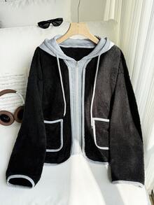 SHEIN Chaqueta regular de manga larga con capucha y 2 en 1 de color contrastante y rayas para mujer - Negro - Ver 5