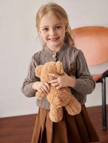 PrepCrw Young Girls' Collegiate Style Bear Embroidery Patch Front Knit Cardigan - Camel - View 7
