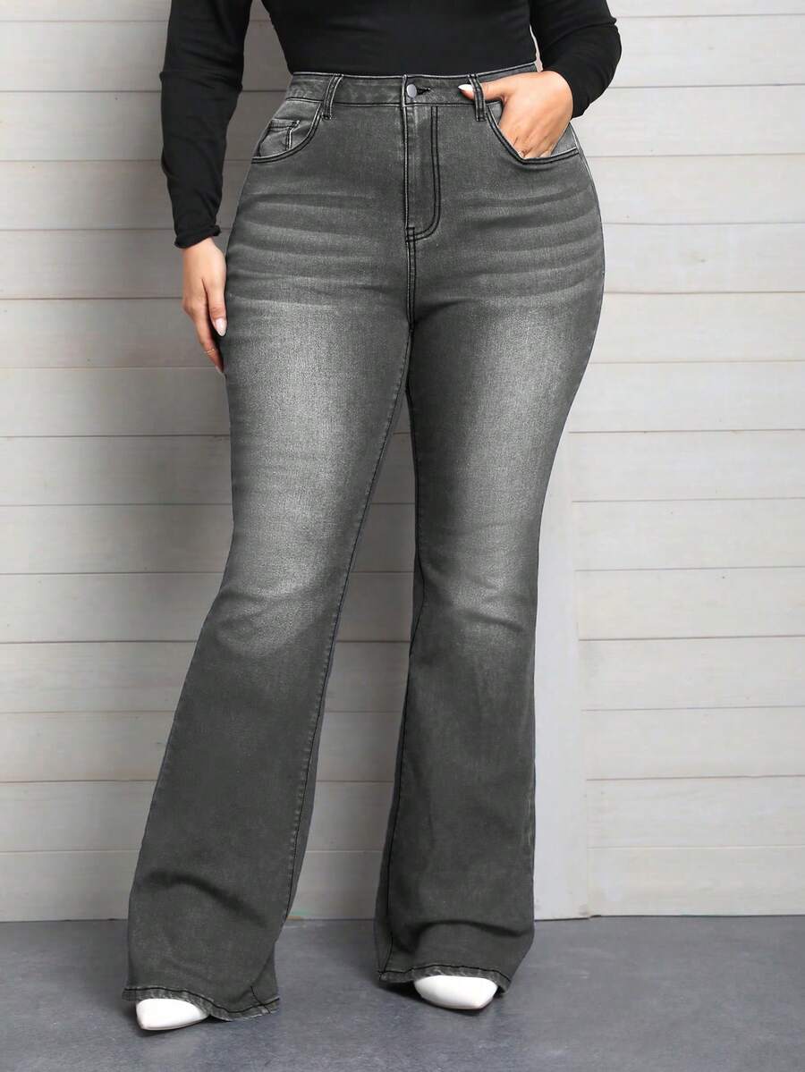 EMERY ROSE 大码渐变色口袋弹力修身喇叭牛仔裤 - 灰色 - 查看 1