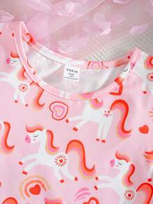 小女孩可爱爱心彩虹小马印花T恤，简约设计 - 彩色 - 查看 4