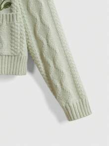 ROMWE Áo khoác cardigan thêu hoa cổ điển, áo len ngắn cổ chữ V dệt kim màu xanh lá cây nhạt, áo khoác thường ngày thiết kế túi nghệ thuật - Màu xanh Bạc hà - Xem 5