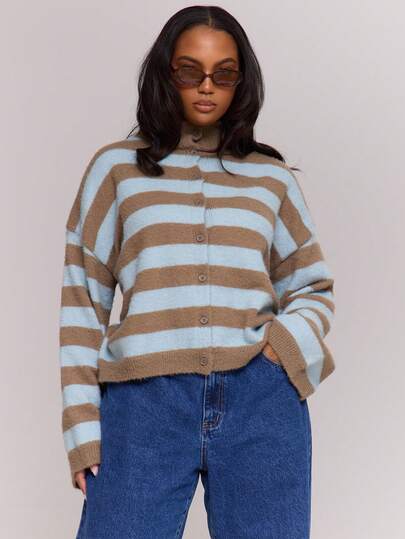 MUSERA Plus Fluffy Knit Stripe Button Through High Neck Cardigan Autum Cute Cosy Holidays Coco Cloud