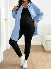 SHEIN Spring Outfit Women 2pcs Maternity Plus Size Solid Color Drop Shoulder Long Sleeve Button Front Casual Set