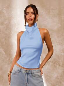 SHEIN BAE 杏色露背垂褶领女士吊带背心，性感优雅的春夏款吊带衫 - 淺藍色 - 查看 4