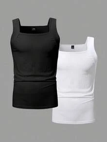 Manfinity Homme 2 Packs Men's Solid Ribbed Casual Versatile Tank Top - Black and White - View 3