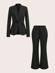 SHEIN Tall 适合秋冬通勤 黑色单扣黑色西装外套+西装裤 西装套装 办公室通勤套装 - 黑色 - 查看 8