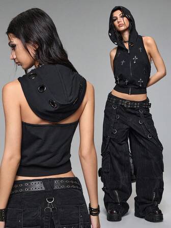 Grunge Punk Felpa corta senza maniche con cappuccio e motivo croce in metallo punk per donne