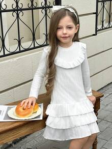 Young Girls Long Sleeve Dress,Textured Fabric White Round Neck With Ruffle Design,Multi-Layer Ruffle Hem Children Party Autumn Kids Dress - Apricot - View 3