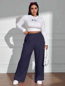 Pantalones rectos de cintura elástica de unicolor casual de talla grande, otoño - Azul Marino - Ver 4