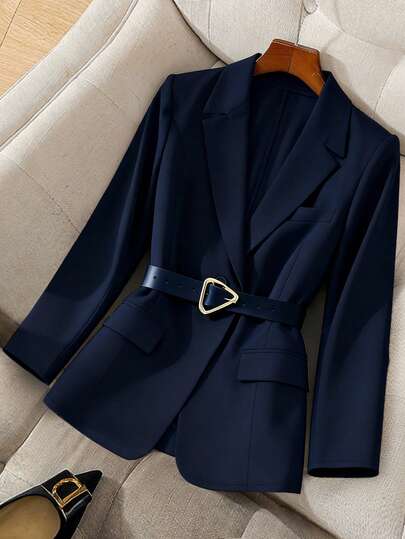 Franclia Women's Solid Color Blazer Jacket With Lapel, Pockets, Metal Buttons, And Detachable Belt, Suitable For Office Commute, Daily Wear, And Work Uniform In Autumn/Winter