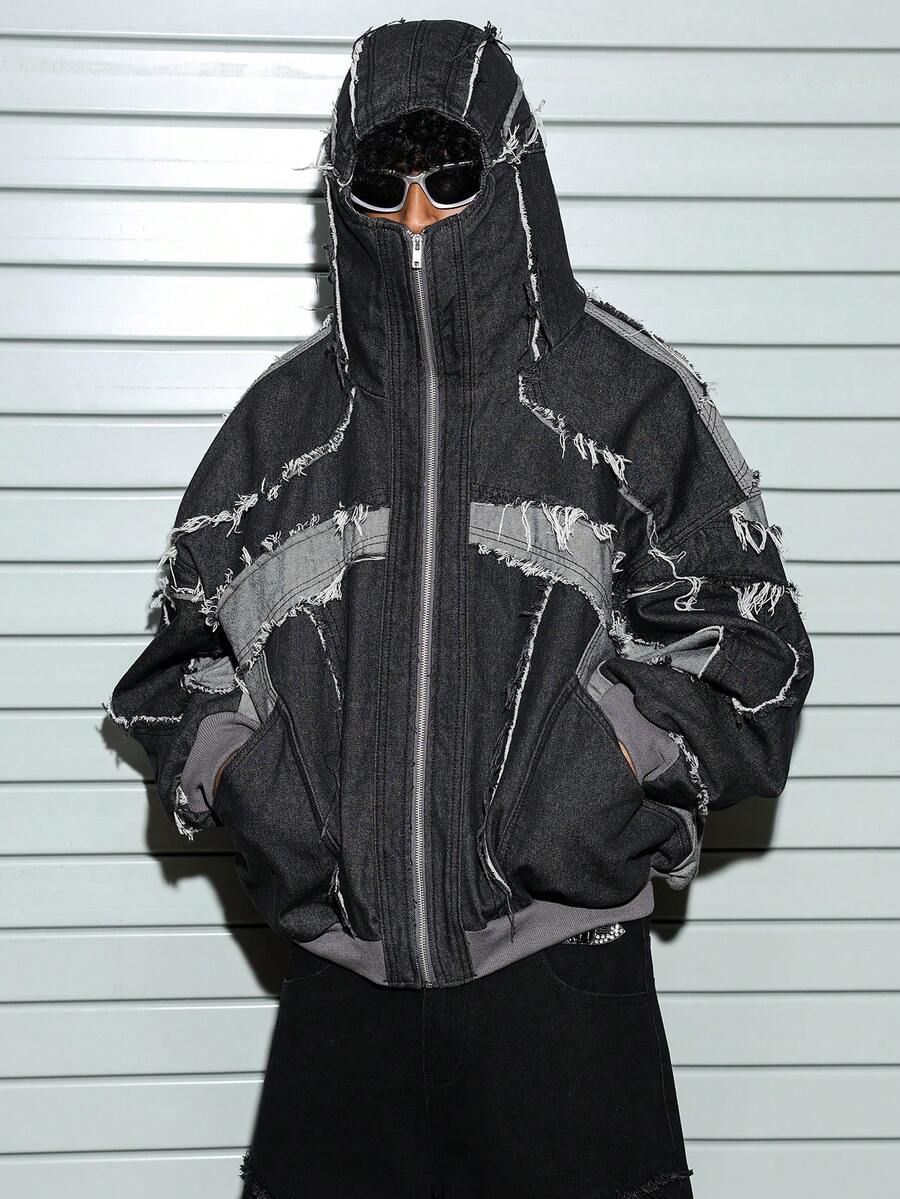 STEELVANCE 男士休闲拼接毛边连帽拉链牛仔夹克，街头风 - 深灰色 - 查看 1