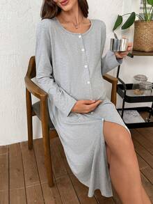 Moonlight&Mama Camisón de maternidad de manga larga con bolsillos dobles de punto de unicolor - Gris - Ver 6