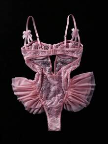 SHEIN Bộ đồ liền thân ren lưới xếp nếp họa tiết bướm có gọng, gợi cảm và trong suốt dành cho nữ - Hồng - Xem 4