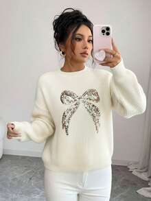 Elenzga Women's Elegant Round Neck Long Sleeve Sequin Bow Sweater, Versatile For Various Occasions And Seasons, Christmas & Winter - Beige - View 1