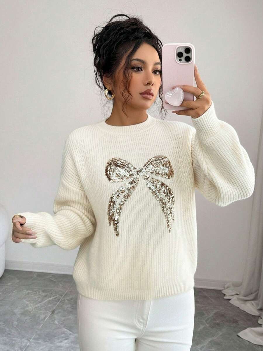 Elenzga Women's Elegant Round Neck Long Sleeve Sequin Bow Sweater, Versatile For Various Occasions And Seasons, Christmas & Winter - Beige - View 1