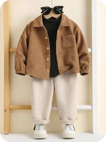 三件套包括：黑色T恤、休闲可爱灯芯绒外套、黑色高领T恤、松紧腰休闲裤、针织长袖上衣 - 彩色 - 查看 5