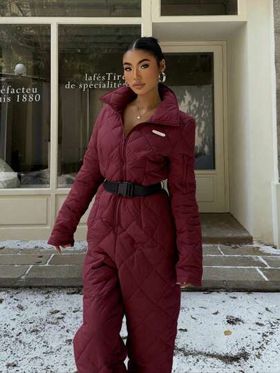 SHEIN EZwear Vinröd jumpsuit med långa ärmar och dragkedja för kvinnor, casual, juloutfit för kvinnor, vinter