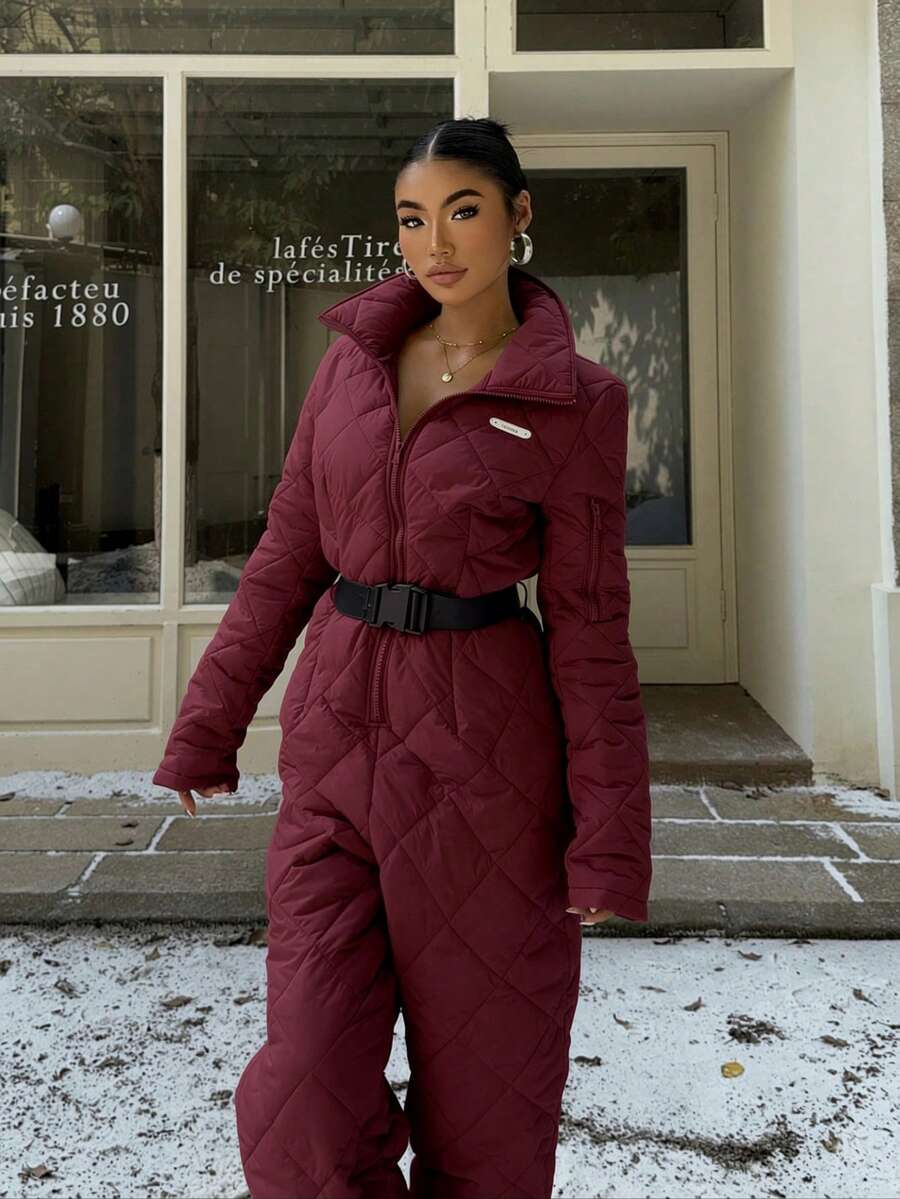 SHEIN EZwear Vinröd jumpsuit med långa ärmar och dragkedja för kvinnor, casual, juloutfit för kvinnor, vinter - Bourgogne - Visa 1