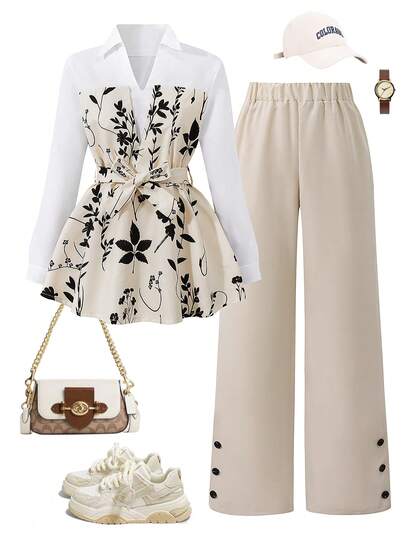 SHEIN Teen Girl Contrast Color Patchwork 2 In 1 Ruffle Trim Half-Zip Long Sleeve Top Set