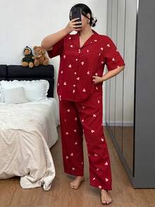 SHEIN 条纹爱心印花翻领短袖睡衣套装，加大码 - 紅色 - 查看 6