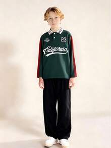 SHEIN Casuvi Kids Tween Boys Polo Shirt, Tween Boys CALIFORNIA Cursive Letter & 23 Graphic Print, Turndown Collar Half-Placket, Green/Beige/Burgundy Color Block Polo Shirt, Suitable For Everyday Wear, Comfortable And Relaxed, Suitable For Outdoor Play, Travel, School, Spring/Autumn - Green - View 9