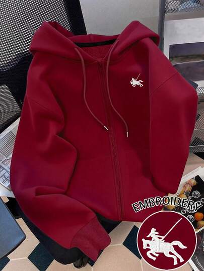 Franclia 女士经典红色外套，休闲套头卫衣，饰有半人马刺绣图案，适合户外、购物、日常穿着。