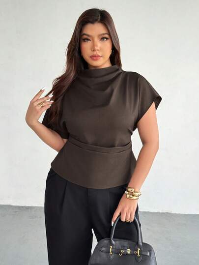 Firerie Plus Size Women Casual Elegant Vacation Ruched Collar Asymmetrical Sleeve Side Ruched Waist Slimming Commuter Bamboo Linen Fabric Blouse, Spring/Summer