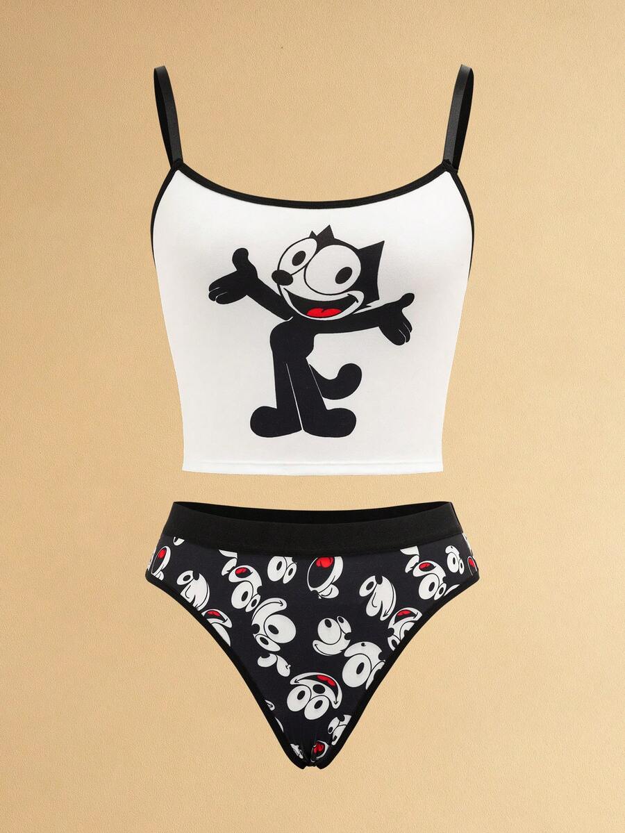 Felix The Cat X SHEIN Women Comfortable Contrast Trim Cartoon Pattern Camisole And Panty Set - Black and White - View 1