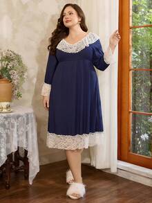 Côtesoire Camisón ajustado de punto cómodo de color azul marino con volantes de encaje y contraste de color elegante y romántico para tallas grandes - azul real - Ver 6