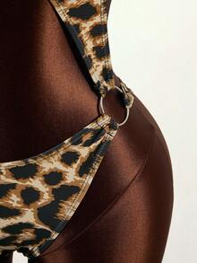 Zestiva 女士性感波西米亚风狂欢派对狂野豹纹不对称连体泳衣及沙滩裙两件套，适合海滩度假 - 棕色 - 查看 6