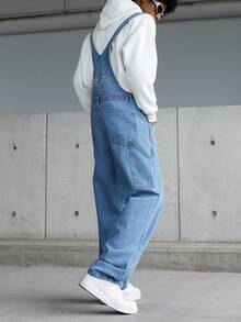 Manfinity Hypemode Men's Casual Multi-Pocket Chest Protector Denim Bib Overalls, Streetwear Style - Light Wash - View 6