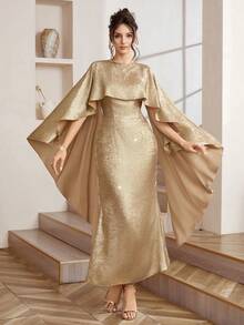 Opuloom 法式奢华露背围巾式连衣裙，高端正式礼服，适合女主人、晚宴、婚礼等场合，褶裥设计，女士奢华长款晚礼服 - 金色 - 查看 5