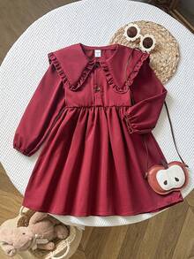Playful Pals Young Girl' Casual Pleated Collar Long Sleeve A-Line Dress, Burgundy, Suitable For Valentine's Day, Everyday Wear, Outings And Gatherings