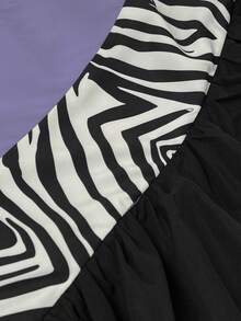 Maweii 大码女式拼接斑马纹荷叶边单排扣宽松休闲衬衫 - 淡紫色 - 查看 7