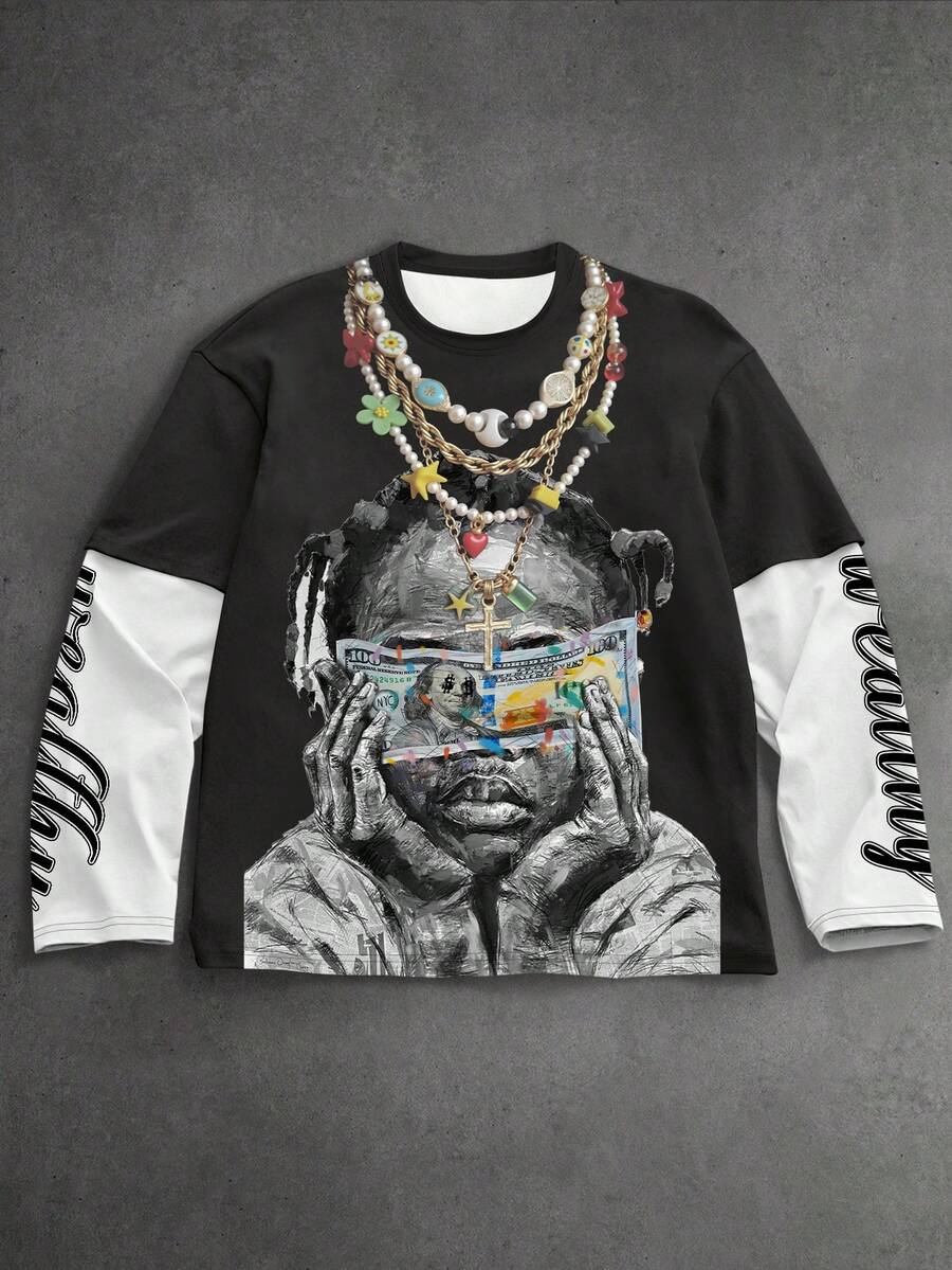 PAVTROS Men's Graphic Tee With Face Covering Portrait & Slogan Print, Street Hiphop Style Crew Neck 2 In 1 Long Sleeve T-Shirt, Fall Men Clothes - Multicolor - View 1