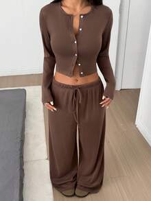 SHEIN EZwear Women's Khaki Knit Casual Long Sleeve Top And Pants Loungewear Set - Mocha Brown - View 5
