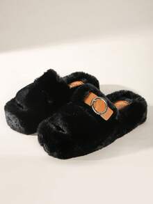 Solecia 女士毛绒魔术贴装饰平底舒适拖鞋，适合室内穿着，秋冬季 - 黑色 - 查看 2