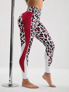 Menodora SHEIN Sport Quần legging cạp cao ôm vừa vặn họa tiết da báo có túi vá màu tương phản - Đỏ - Xem 4