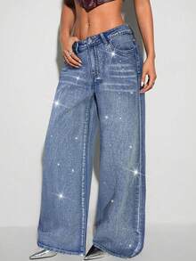 SHEIN ICON 女士低腰水钻口袋阔腿宽松休闲牛仔裤 - 淺色水洗藍 - 查看 4
