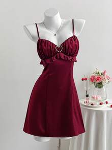 Comfortcana Plus Size Casual Ruffled A-Line Strap Dress, Red, Valentine's Day - Burgundy - View 9