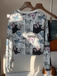 SHEIN EZwear Bluza z krótkim rękawem i wzorem motyli i napisów, z długim rękawem, jesień/zima - Wielokolorowe - Zobacz 2