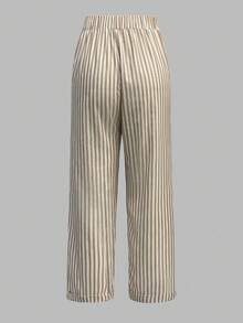 Calvaya Women's Simple Elastic Waist Striped Print Casual Wide Leg Pants Fall Cloth For Women - Khaki - View 2