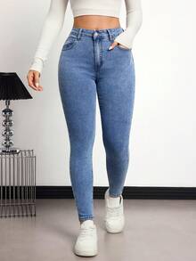 SHEIN PETITE Jeans vaqueros ajustados de lavado casual, otoño/invierno - Azul lavado medio - Ver 6