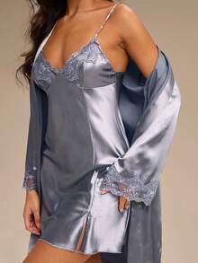 女士睡衣套装纯色吊带背心裙和睡袍，秋季服装 - 霧霾藍 - 查看 2
