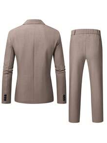 Calvornis Men's Coffee Color V-Neck Casual Suit Set, Spring/Summer - Coffee Brown - View 2