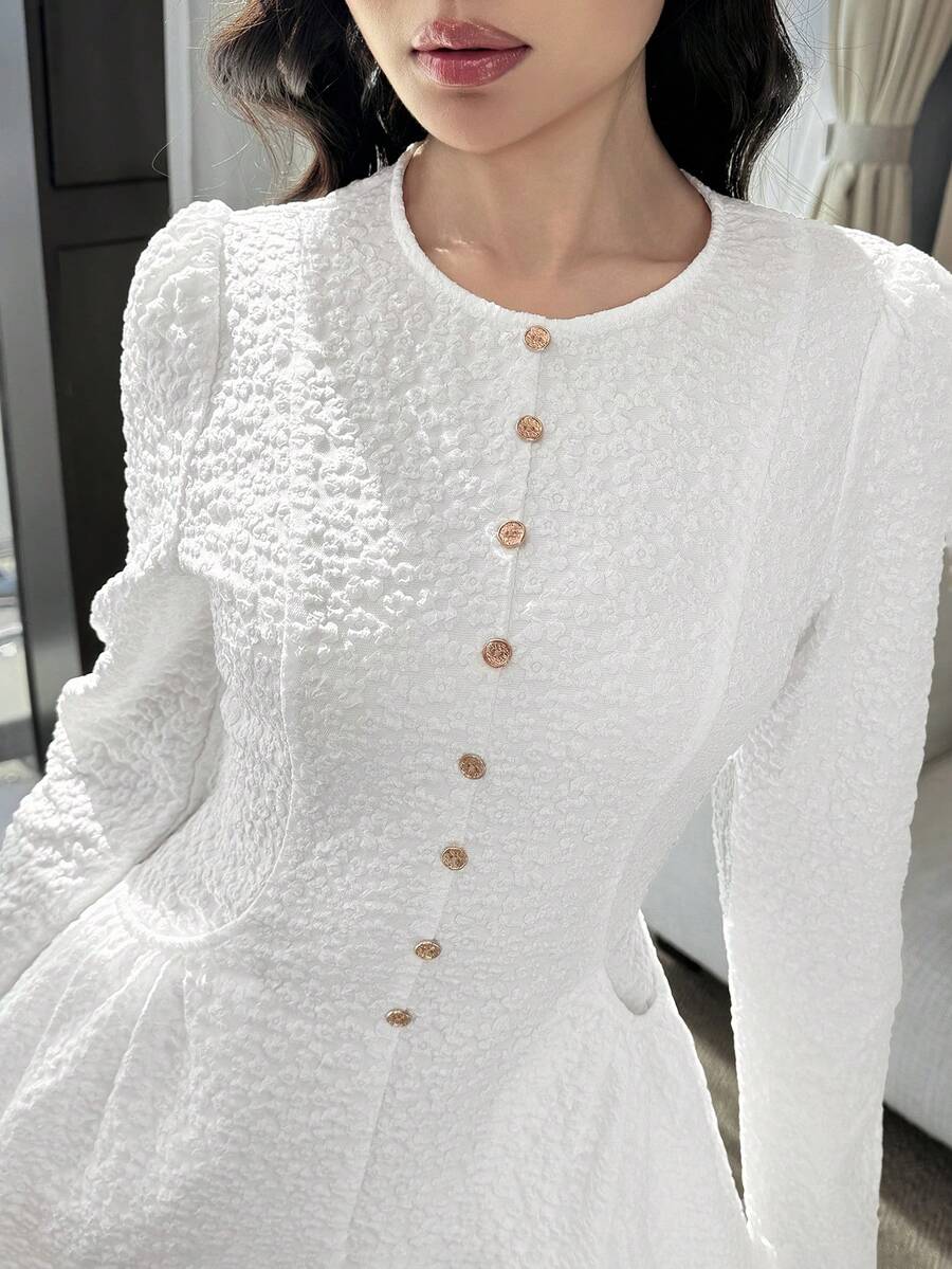 Feyla Women's Floral Jacquard Button Design Round Neck Puff Sleeve Elegant Mid-Length Dress - White - View 1