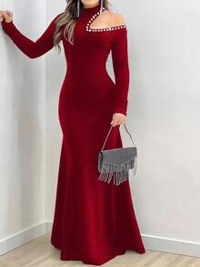 INAWLY Solva Sexy Mature Fitted Cold Shoulder Rhinestone Decor Stand Collar Dress, Elegant Long Sleeve Women Dress Dinner Party Night Dark Red Autumn - Burgundy - View 3