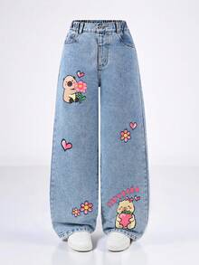 SHEIN ChillGRL 少女水豚卡通印花牛仔裤，可爱甜美时尚，适合日常穿着、上学、周末、开学季、度假 - 淺色水洗藍 - 查看 3